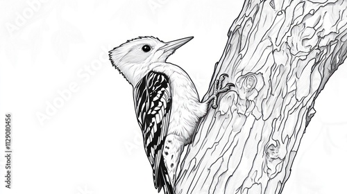 A detailed pencil sketch of a woodpecker perched on a tree trunk, showcasing its plumage and textured bark. photo