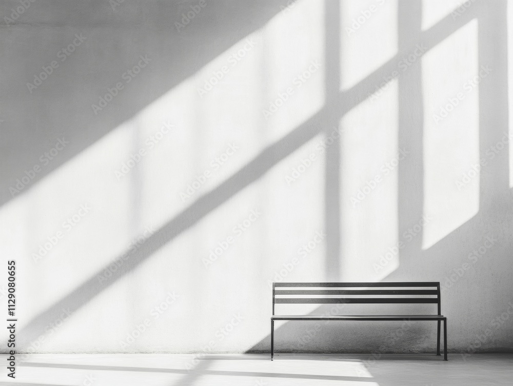 Monochrome Minimalism Sunlit Bench and Shadows in Peaceful Empty Space Monochrome Minimalism Sunlit Bench and Shadows in Peaceful Empty Space