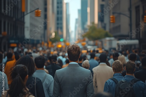 Grey Suit Man Walking City Rush Hour Crowd