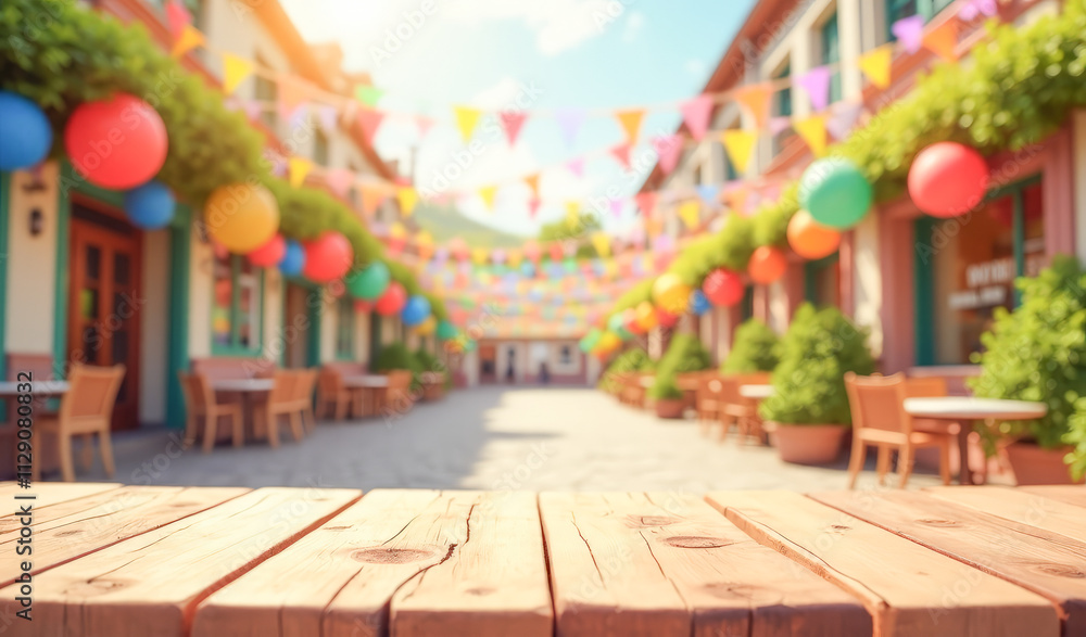 wooden empty surface on the background of a festive outdoor cafe wooden empty surface on the background of a festive outdoor cafe