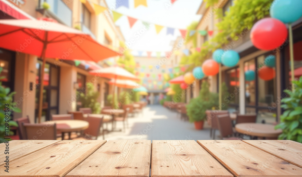 wooden empty surface on the background of a festive outdoor cafe wooden empty surface on the background of a festive outdoor cafe