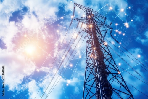 Power transmission tower against a dramatic evening sky with glowing network lines and connection points 