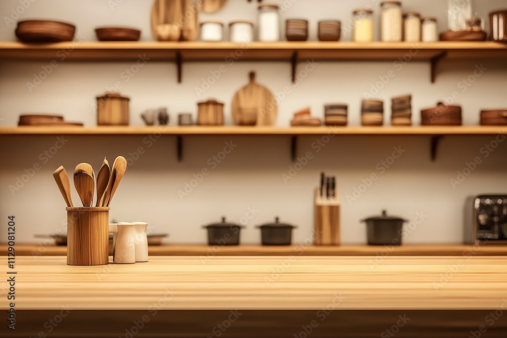 Wooden kitchen counter with utensils, salt and pepper shakers, and shelves full of cookware and food. Wooden kitchen counter with utensils, salt and pepper shakers, and shelves full of cookware and food.