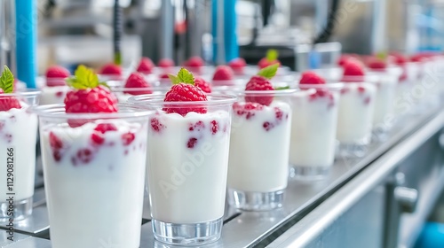 Fresh Raspberry Yogurt Cups Ready for Packaging in a Modern Production Line