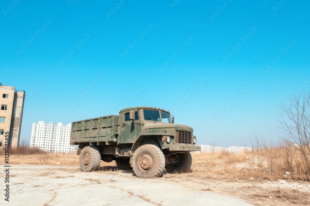 Obraz premium Abandoned Military Truck in Urban Landscape Under Clear Blue Sky