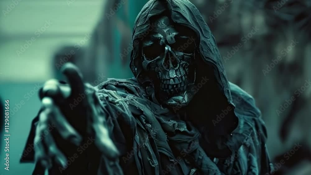 Scary grim reaper with sharp scythe in hell with dramatic background Scary grim reaper with sharp scythe in hell with dramatic background