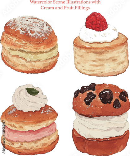 Watercolor Scone Illustrations with Cream and Fruit Fillings