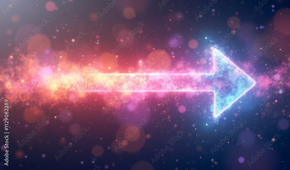 Neon-lit arrow made of dust multicolored, abstract background Neon-lit arrow made of dust multicolored, abstract background