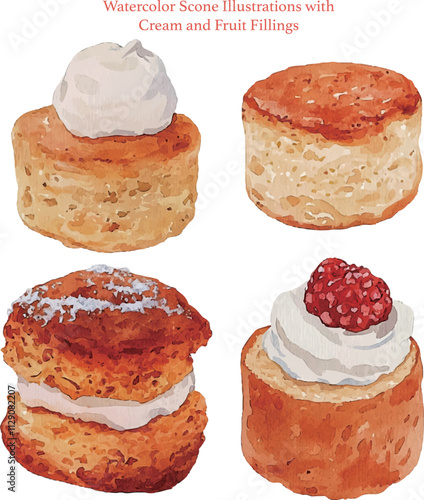 Watercolor Scone Illustrations with Cream and Fruit Fillings