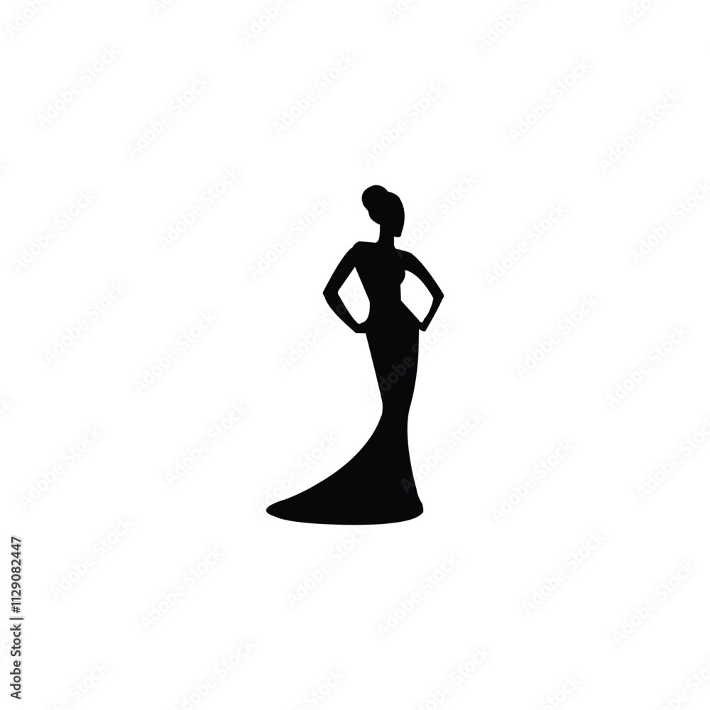 Silhouette of a young pretty woman in long dress with frill, fluffy skirt. Bride silhouette in luxury ball gown for design. Silhouette of a young pretty woman in long dress with frill, fluffy skirt. Bride silhouette in luxury ball gown for design.