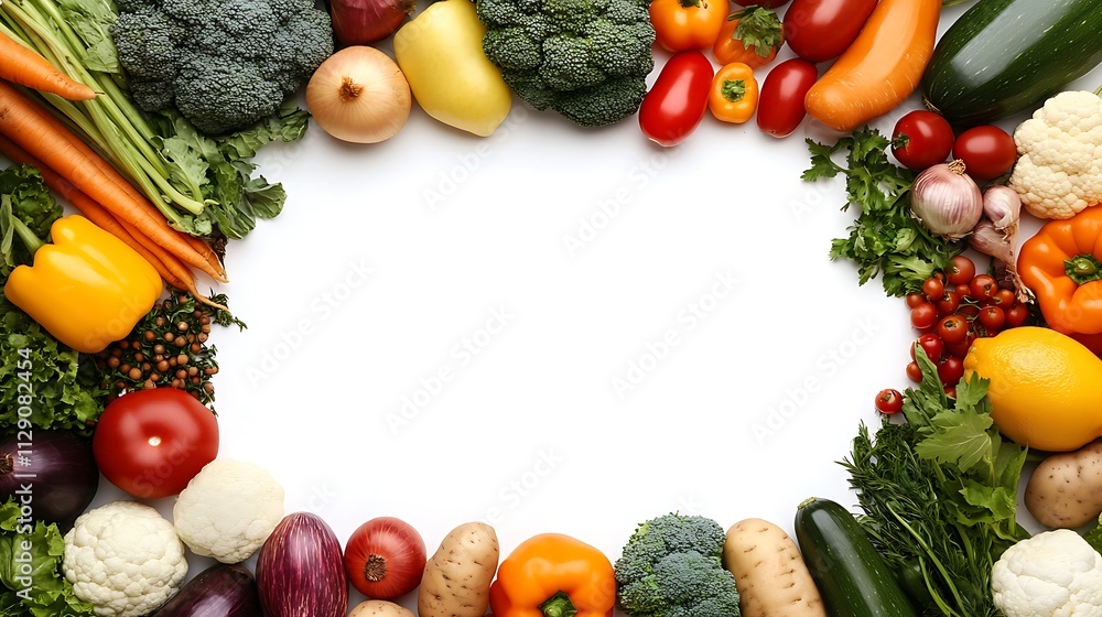 Colorful fresh vegetables arranged in a frame on white background.