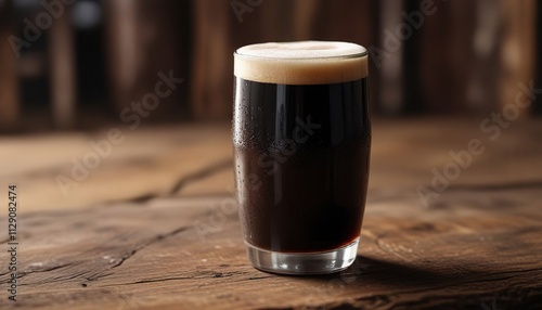 Close-up of a frothy glass of dark Bock beer on a rustic wooden table, brew, beverage