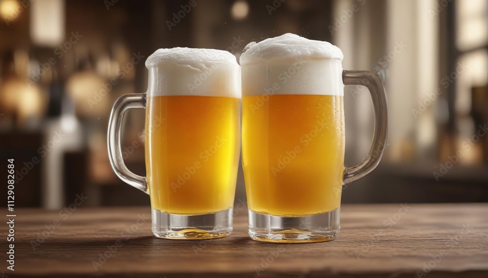 Close-up of a glass mug filled with golden yellow beer, frothy white foam on top, refreshing alcoholic beverage, golden, beverage Close-up of a glass mug filled with golden yellow beer, frothy white foam on top, refreshing alcoholic beverage, golden, beverage