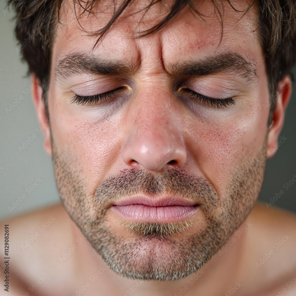 Fototapeta premium Close-Up of Man's Face with Tousled Hair and Neutral Expression