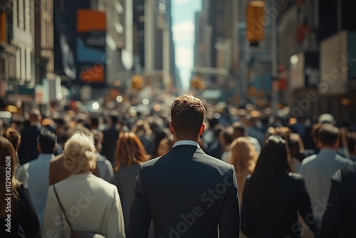 Man Walking Alone in a Busy City Street Crowd