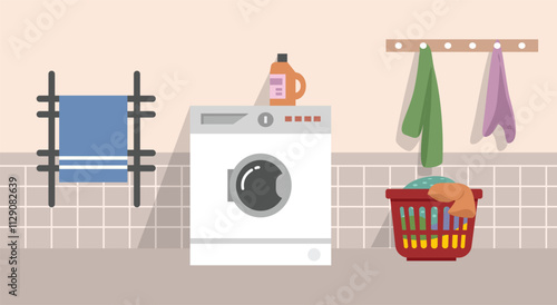 Washing room. Laundry clothes. Washing clothes. Washing machine. Basket clothes.