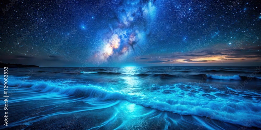 A celestial panorama unfolds over a serene ocean, the Milky Way casting its ethereal glow upon the crashing waves, creating a symphony of light and motion. A celestial panorama unfolds over a serene ocean, the Milky Way casting its ethereal glow upon the crashing waves, creating a symphony of light and motion.