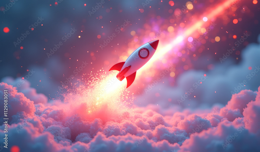 A 3D rocket flies up above the multicolored clouds A 3D rocket flies up above the multicolored clouds