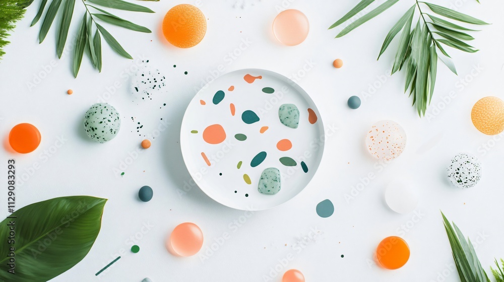 Abstract composition with a plate, colorful pebbles, and tropical leaves on a white background. Minimalist and modern art, perfect for any design project. Abstract composition with a plate, colorful pebbles, and tropical leaves on a white background. Minimalist and modern art, perfect for any design project.