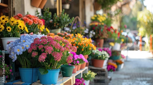 Bright Blooms: Vibrant outdoor vase store with beautiful flowers, in a sunny and cheerful setting