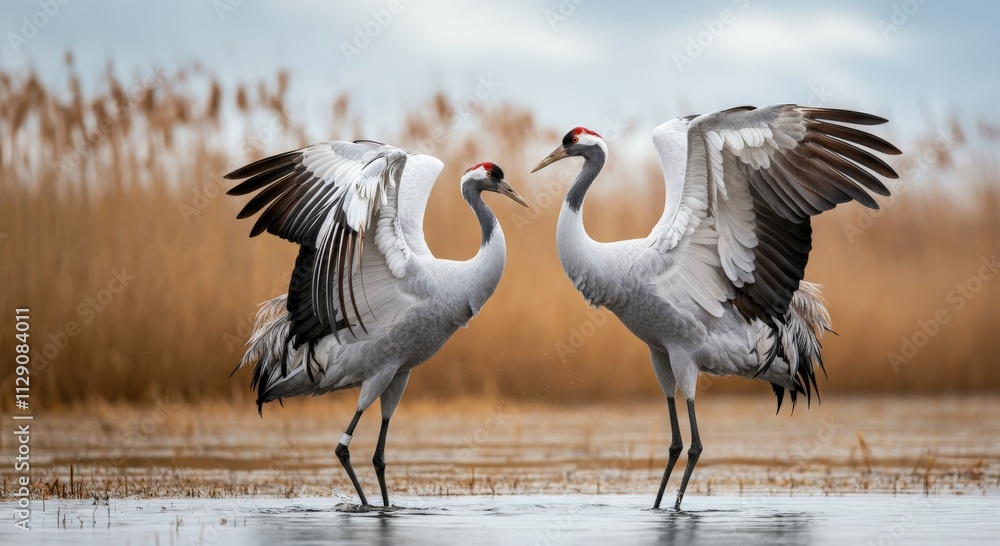Obraz premium Graceful dance of red-crowned cranes in tranquil wetland setting