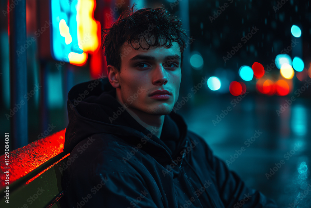 a cinematic portrait of a young man sitting alone on a bench at night, neon lights reflecting on his face a cinematic portrait of a young man sitting alone on a bench at night, neon lights reflecting on his face