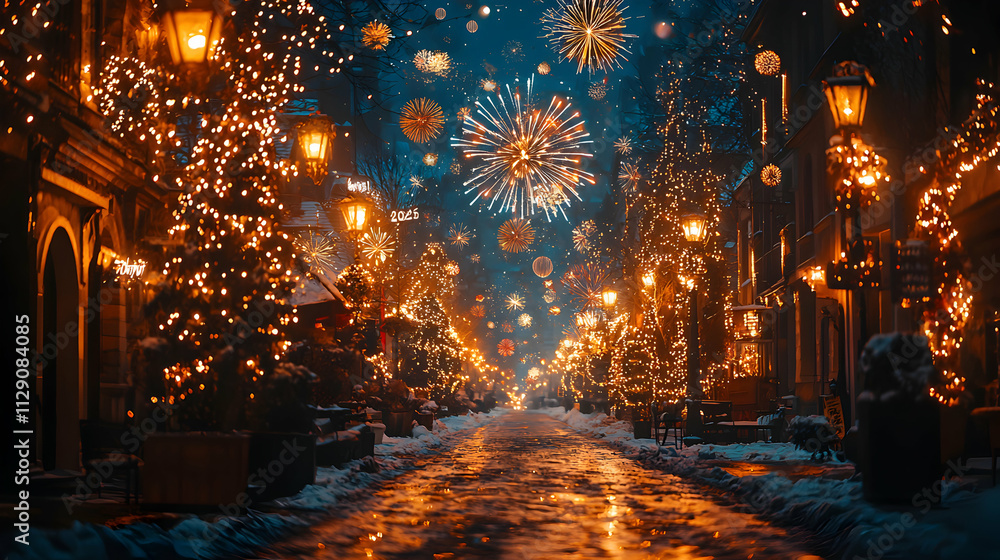 Festive City Street New Years Eve Fireworks Display Festive City Street New Years Eve Fireworks Display