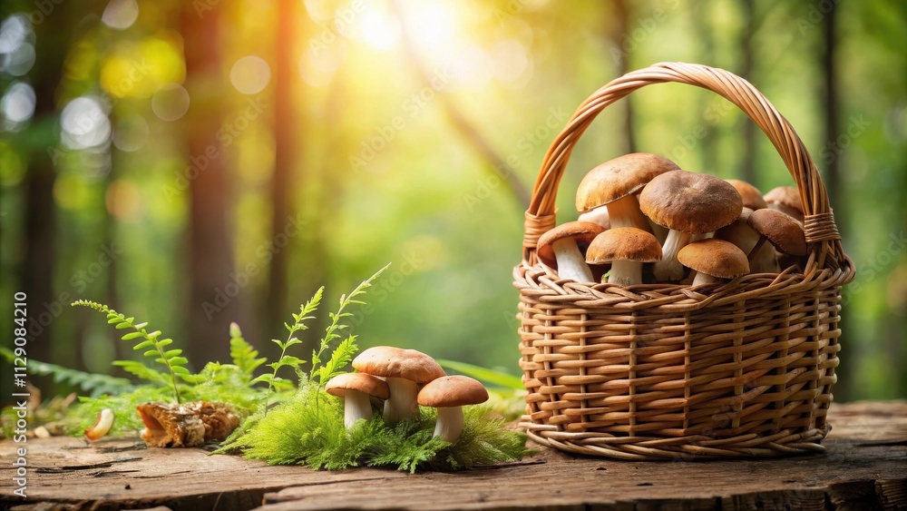 A wicker basket overflowing with freshly picked mushrooms, placed on a rustic wooden table in the heart of a sun-drenched forest, with lush greenery surrounding the scene. A wicker basket overflowing with freshly picked mushrooms, placed on a rustic wooden table in the heart of a sun-drenched forest, with lush greenery surrounding the scene.