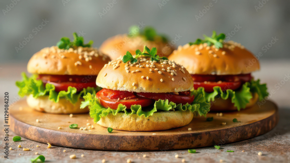 Fresh veggie burgers with lettuce and tomato on a wooden plate Fresh veggie burgers with lettuce and tomato on a wooden plate
