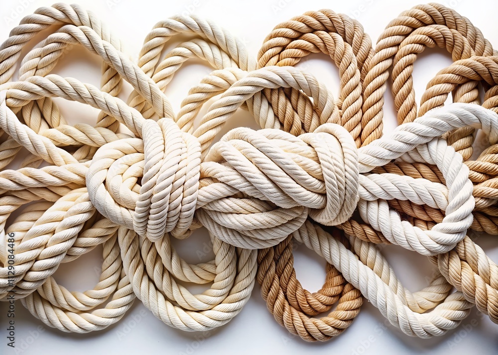 Panoramic View of Isolated White Rope Knots and Cords, Showcasing Ties and Connections for a Minimalist Aesthetic in Photography Panoramic View of Isolated White Rope Knots and Cords, Showcasing Ties and Connections for a Minimalist Aesthetic in Photography