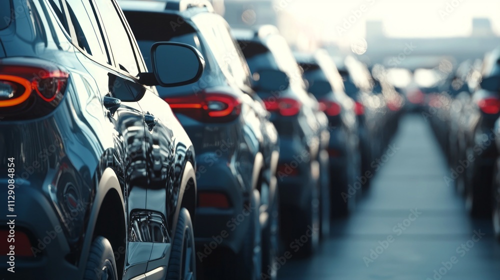 A striking view reveals a fleet of modern SUVs parked closely together, showcasing sleek designs and vibrant colors. The sun casts a golden hue, enhancing the urban backdrop A striking view reveals a fleet of modern SUVs parked closely together, showcasing sleek designs and vibrant colors. The sun casts a golden hue, enhancing the urban backdrop