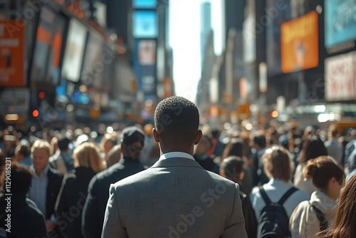 Man in Grey Suit City Street Crowd Background