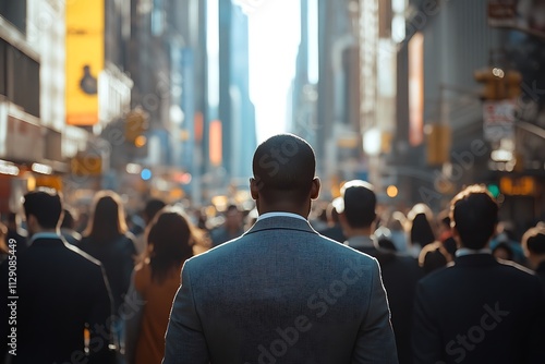 Man in Grey Suit Walking Times Square Rush Hour