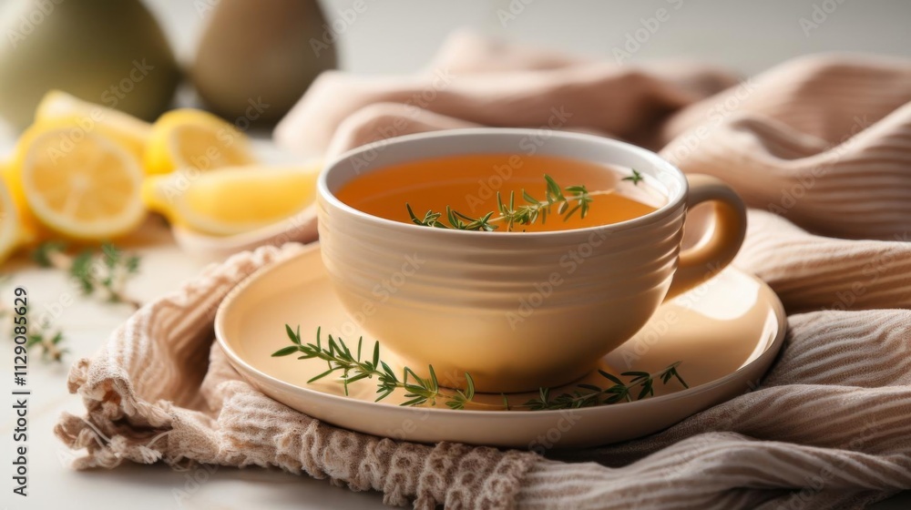 A cup of tea with lemon slices and herbs on a plate A cup of tea with lemon slices and herbs on a plate