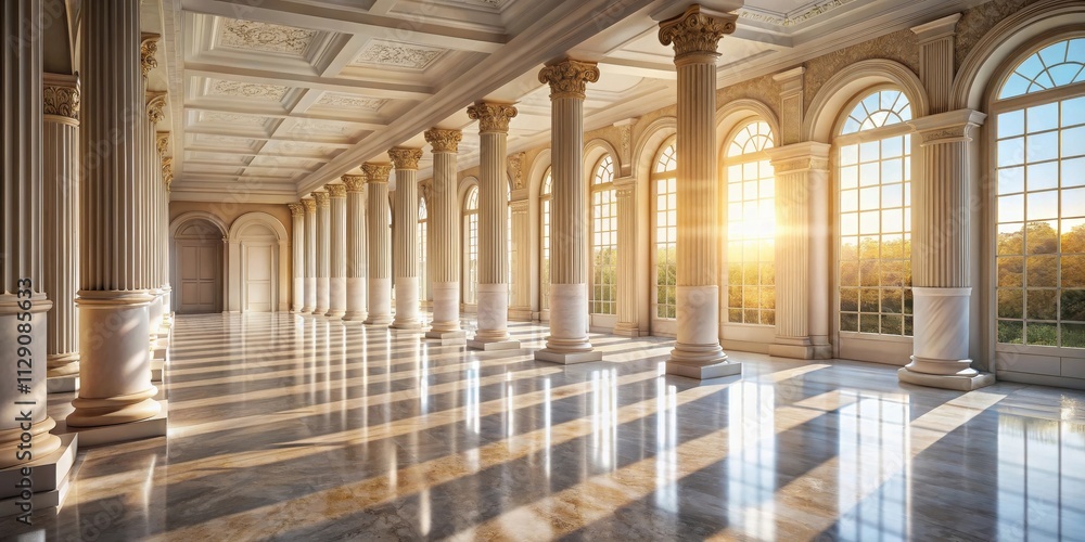 Sunlight streams through tall windows in a grand hall with rows of white columns, casting long shadows on the polished marble floor. Sunlight streams through tall windows in a grand hall with rows of white columns, casting long shadows on the polished marble floor.