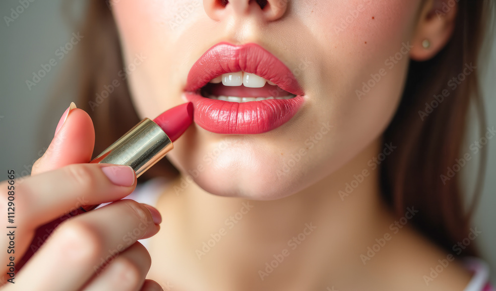 Naklejka premium portrait of a beautiful woman painting her lips with red lipstick