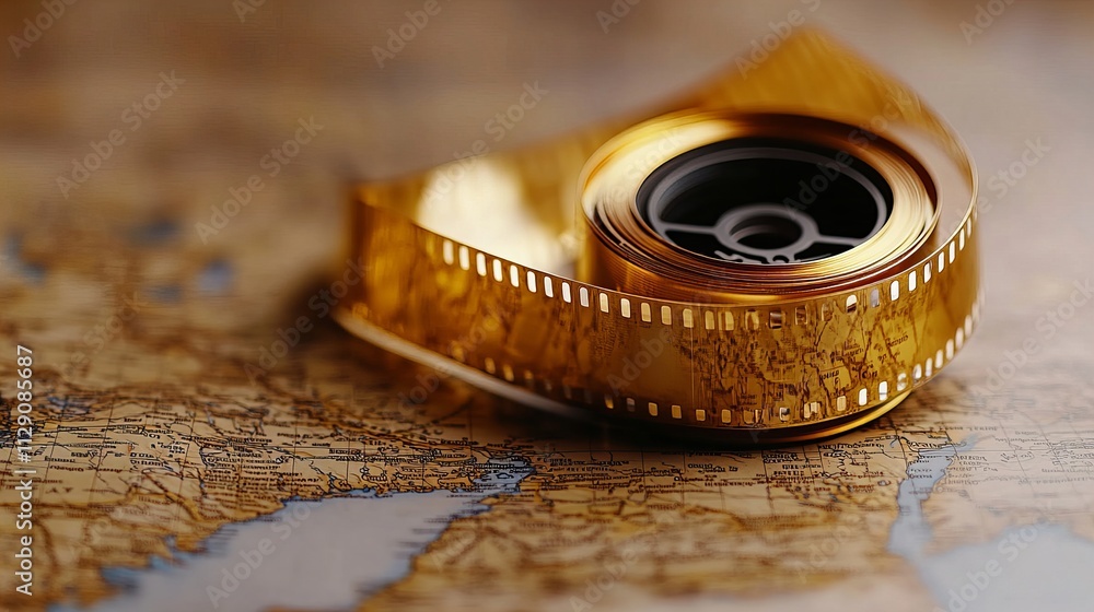 A golden roll of film rests on an antique map, symbolizing the art of storytelling through cinema and exploration. A golden roll of film rests on an antique map, symbolizing the art of storytelling through cinema and exploration.