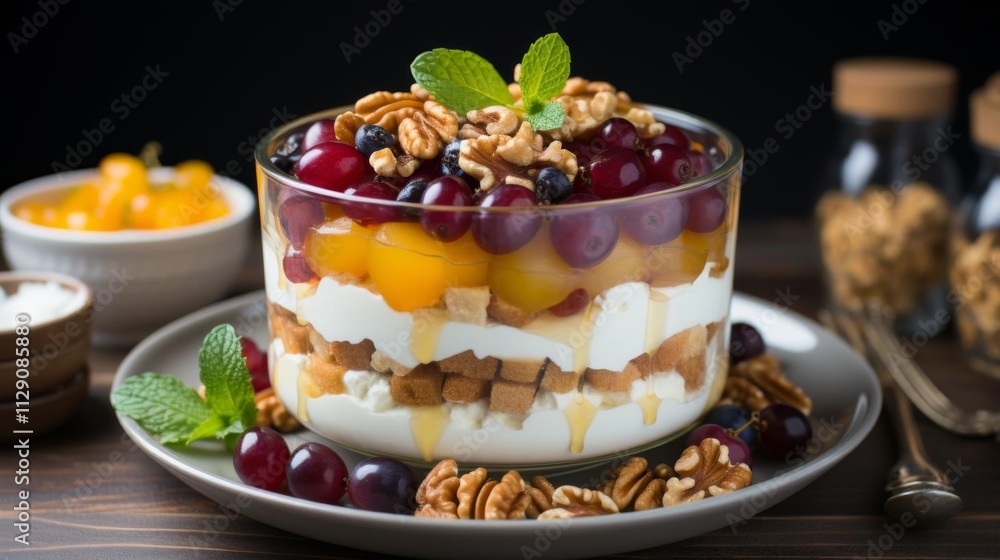 A dessert with nuts and fruit in a glass bowl A dessert with nuts and fruit in a glass bowl