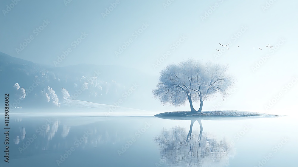 Winter tree stands alone on a serene island lake Winter tree stands alone on a serene island lake