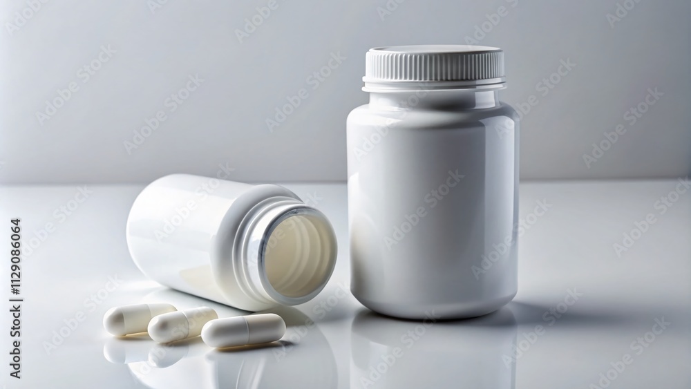 Pill Bottle and White Capsule Isolated on White Background for Urban Exploration Photography, Capturing Pharmaceutical Themes and Minimalist Aesthetics Pill Bottle and White Capsule Isolated on White Background for Urban Exploration Photography, Capturing Pharmaceutical Themes and Minimalist Aesthetics