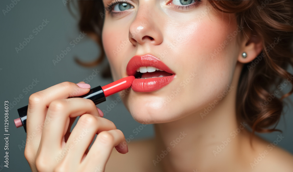 portrait of a beautiful woman painting her lips with red lipstick portrait of a beautiful woman painting her lips with red lipstick