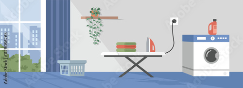 Laundry room in the apartment. Washing clothes. Ironing clothes. Iron table. Flowerpot. Building.