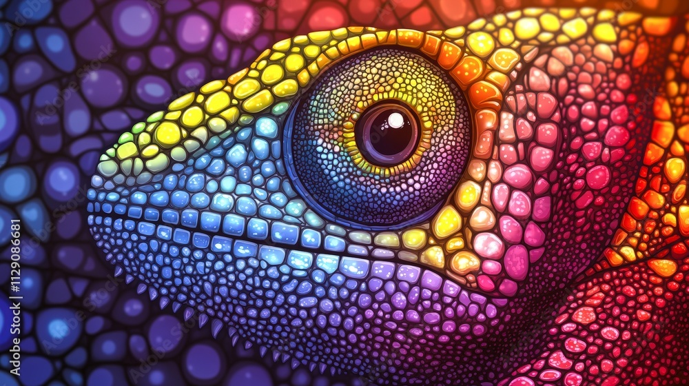 Fototapeta premium A vibrant close-up of a colorful reptile's eye and textured skin, showcasing detailed patterns, This image is ideal for illustrations in educational materials, wildlife articles, or artistic projects
