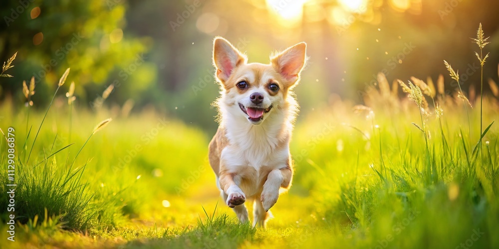 Playful Chihuahua Dog Running on Lush Green Grass in Summer, Captured in Panoramic Photography with Focused Expression Against a Blurred Natural Background Playful Chihuahua Dog Running on Lush Green Grass in Summer, Captured in Panoramic Photography with Focused Expression Against a Blurred Natural Background