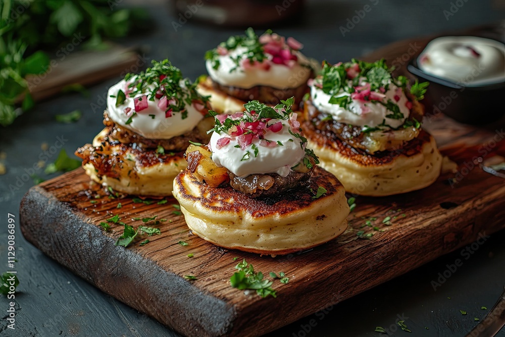 pancakes with sour cream and filling on a wooden board pancakes with sour cream and filling on a wooden board