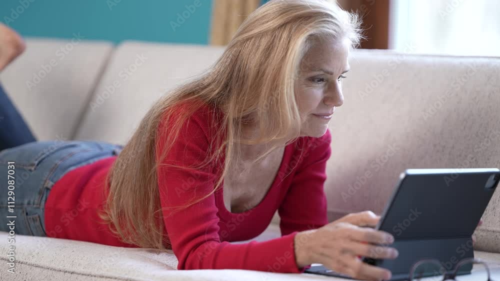 A middle-aged woman with long hair is lying on a couch in a comfortable position, focused on her tablet. Soft lighting and a bright wall create a relaxed atmosphere in the living space. A middle-aged woman with long hair is lying on a couch in a comfortable position, focused on her tablet. Soft lighting and a bright wall create a relaxed atmosphere in the living space.
