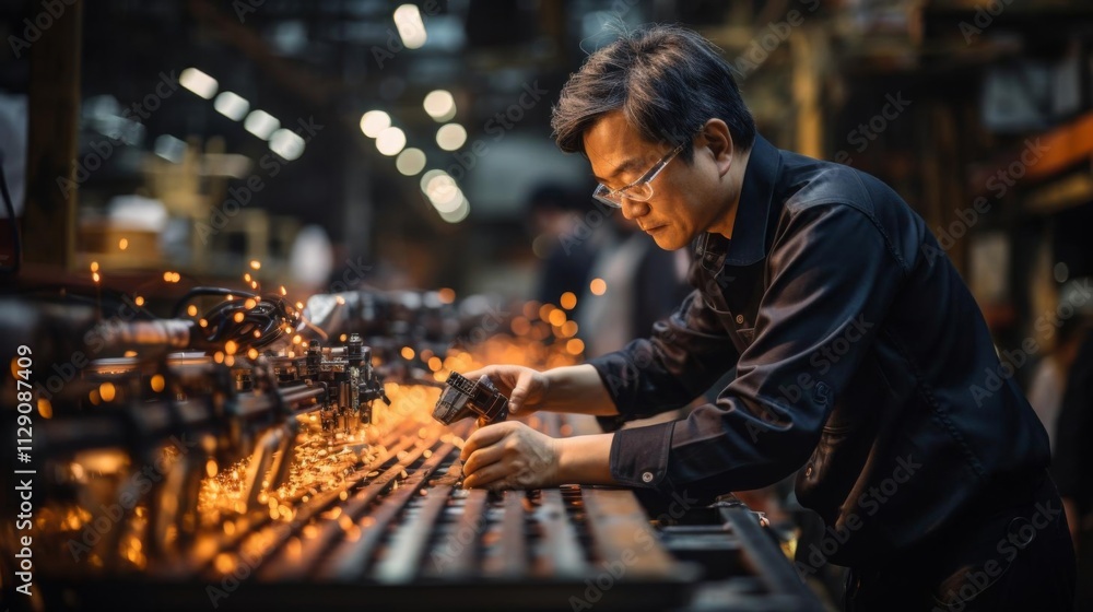A man is working on a machine with sparks flying A man is working on a machine with sparks flying