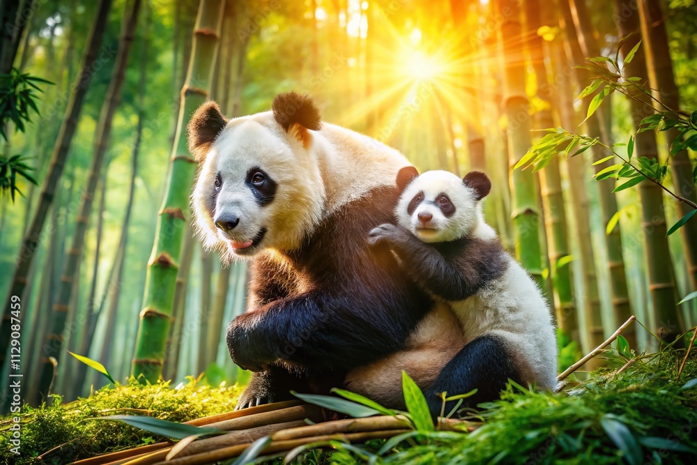 Obraz premium Playful Panda Cub Interacts with Mother in Their Natural Habitat, Capturing the Bonding Moments of Nature's Adorable Creatures in a Serenity of Green Bamboo Forest