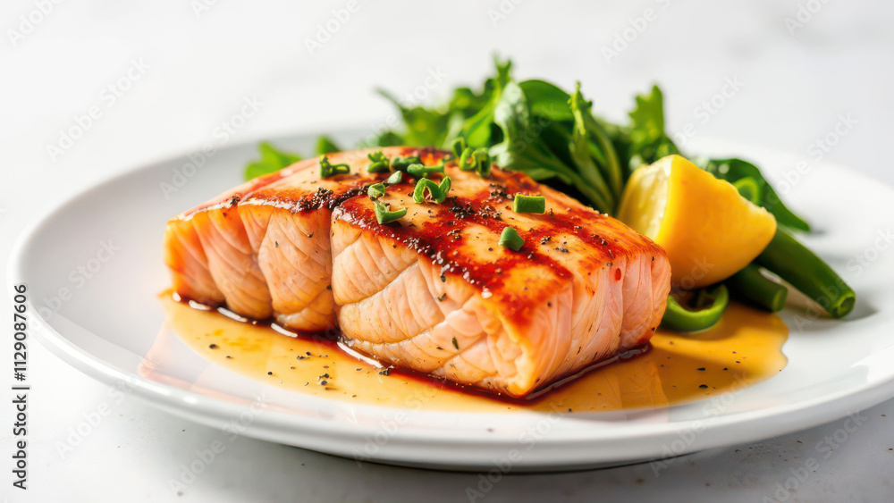 Delicious grilled salmon with herb garnish and lemon on a white plate Delicious grilled salmon with herb garnish and lemon on a white plate