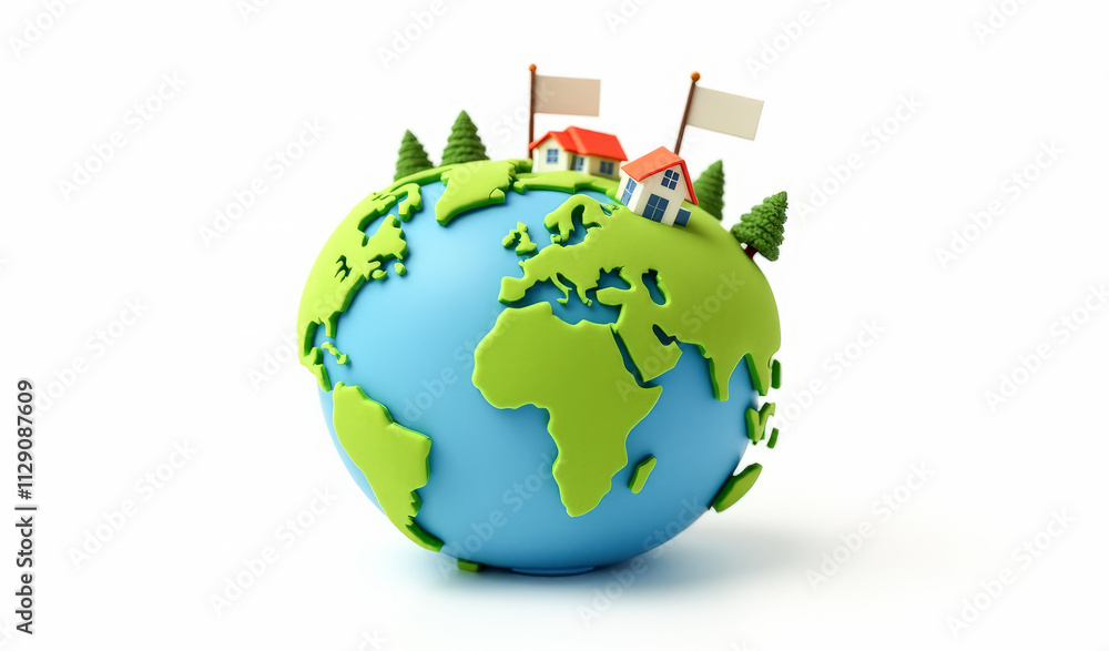 Fototapeta premium blue-green planet Earth with houses and trees on a white background , the concept of environmental protection